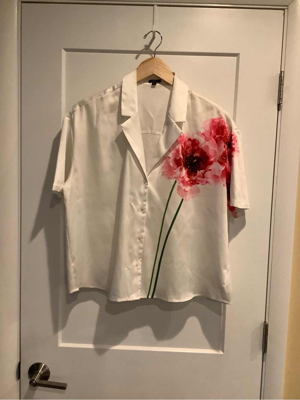 Express White Satin Button-Up Top with Flower print